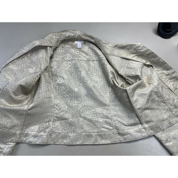 Chicos Jacket 1 Beige Animal Print Trucker Cropped Shiny Snake Skin Small - Picture 6 of 11